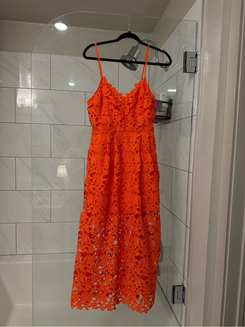 Vici Neon Orange Lace Midi Dress with Spaghetti Straps